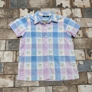 NorthCrest Medium Vintage Pastel Floral Embroidery Short Sleeve Button Down